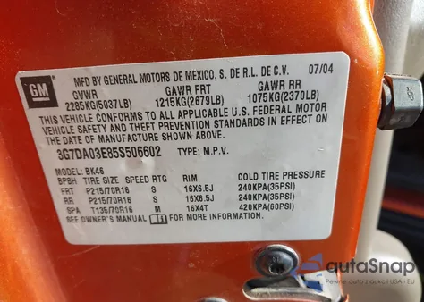 2005 Pontiac Aztek z USA, uszkodzony, nr VIN 3G7DA03E85S506602